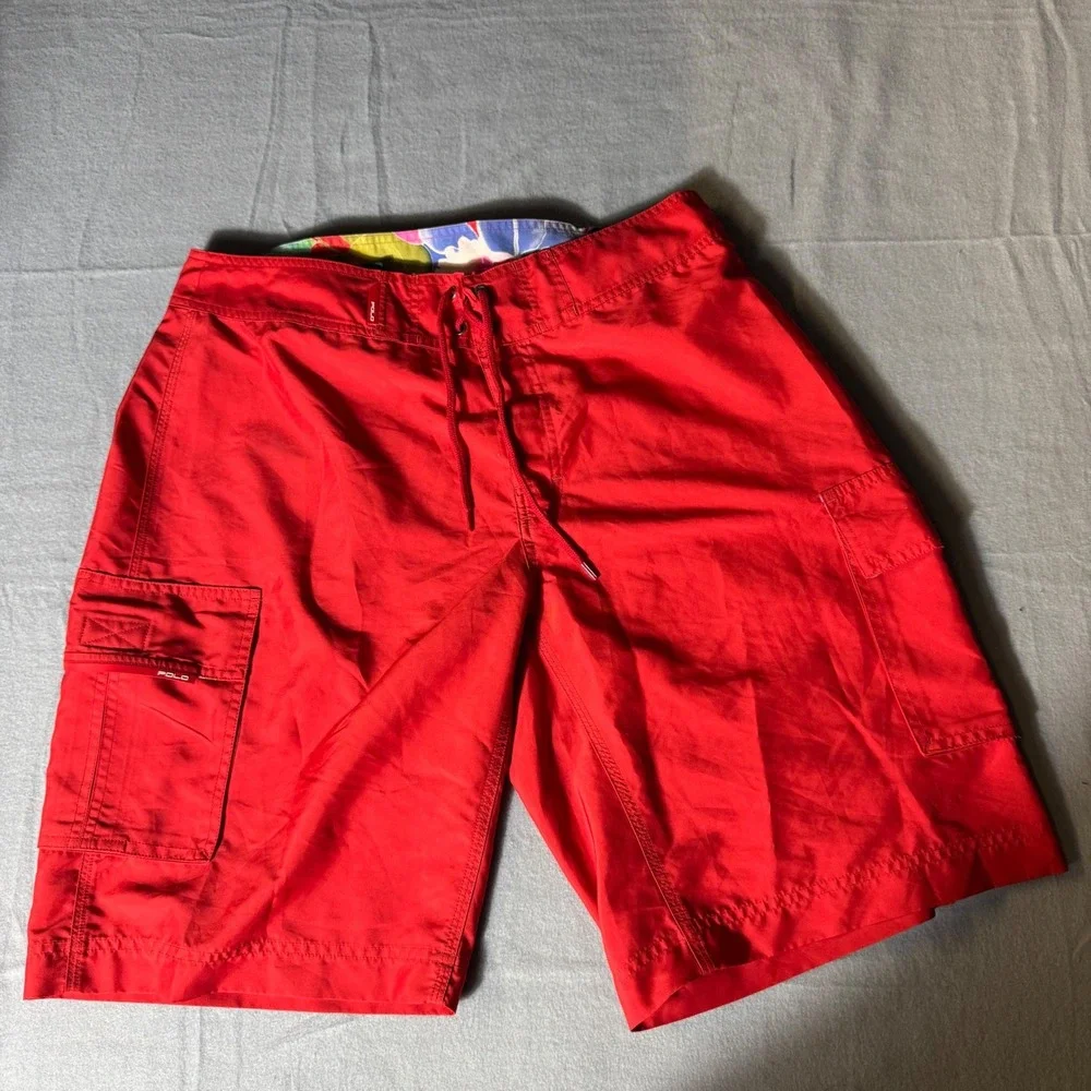 Polo Ralph Lauren Mens Bright‎ Neon Red Cargo Board Shorts Swim Trunks Size 34